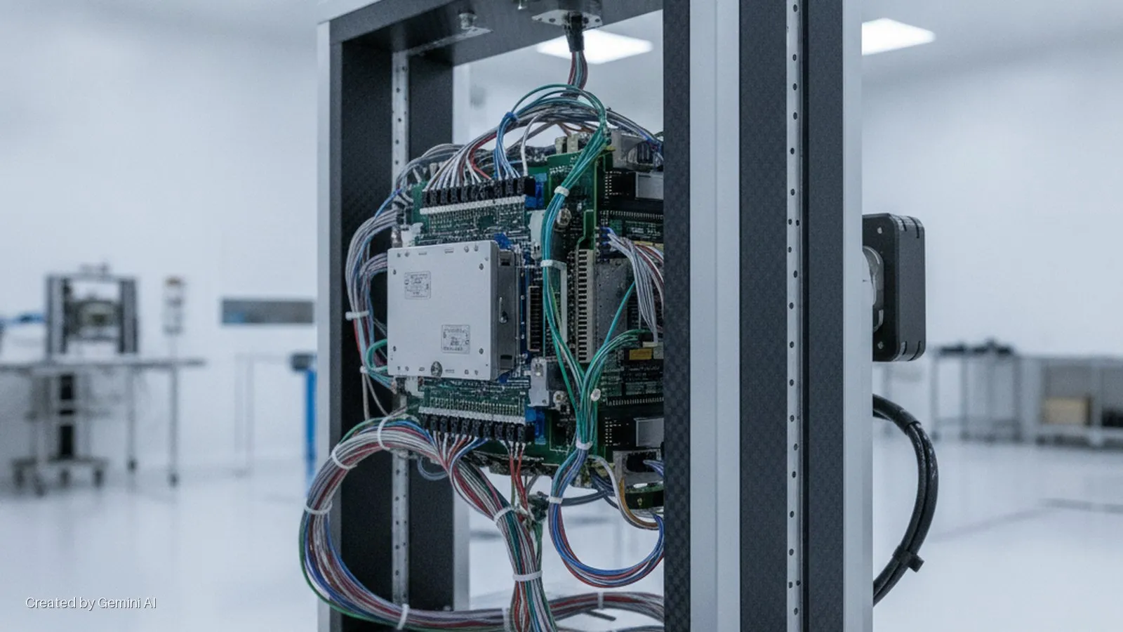 Electronic circuit boards densely wired with multicolored cables are mounted in a metal frame within a brightly lit cleanroom.
