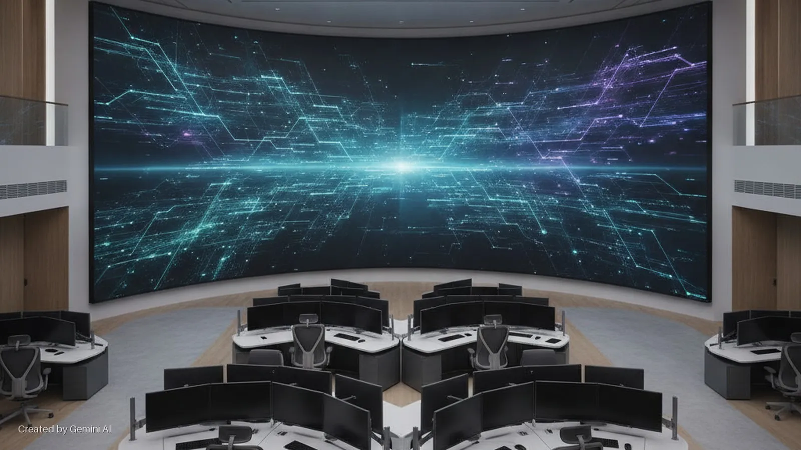 A modern control room features a massive, curved screen displaying a glowing blue and purple network visualization, with several workstation clusters in the foreground, each equipped with multiple computer monitors.