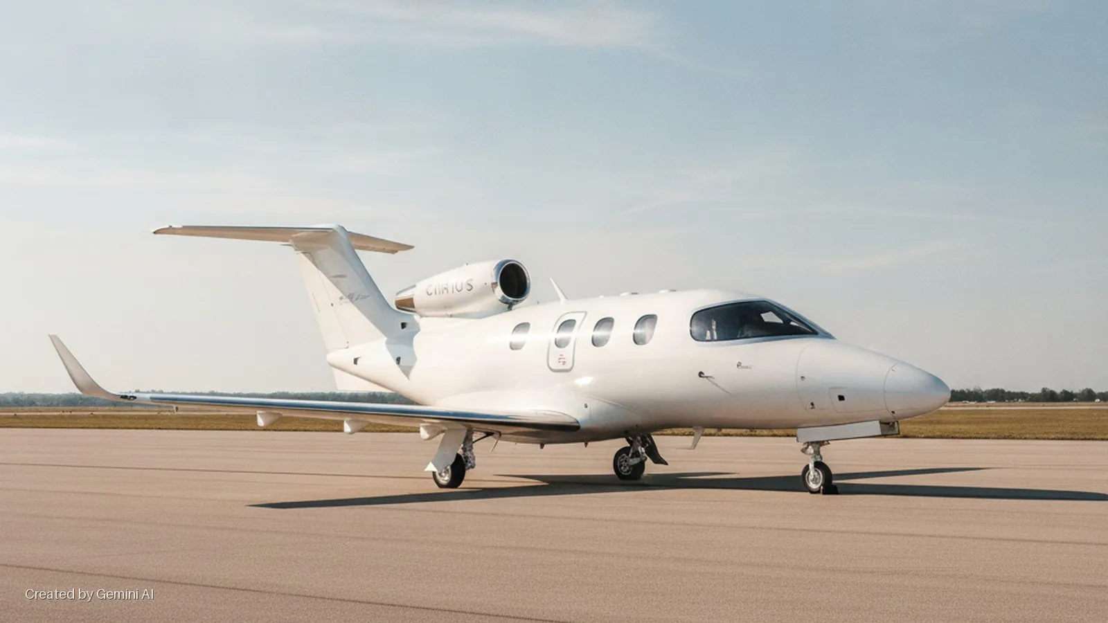A white Cirrus Vision Jet is parked on an asphalt tarmac under a clear, sunny sky, casting long shadows.