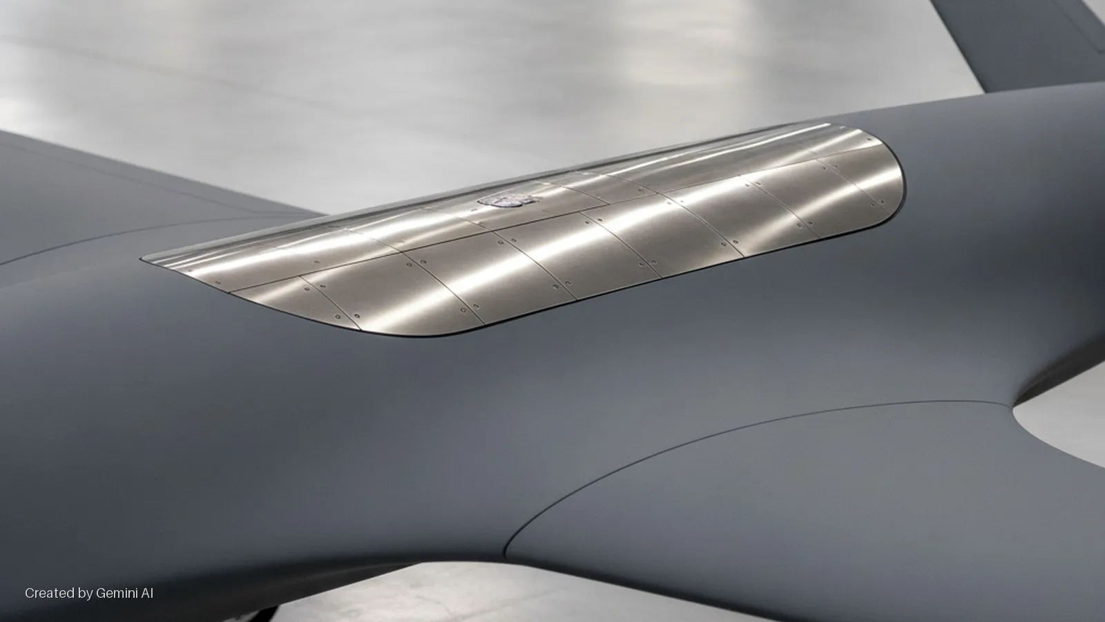 A gray aircraft body features a rectangular, reflective, riveted metallic panel on its upper surface, viewed under bright indoor lighting.
