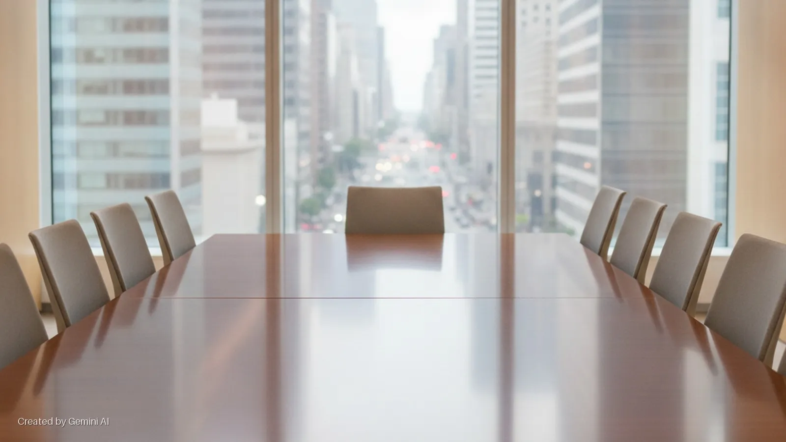 An empty conference room features a long, glossy wooden table surrounded by rows of light-colored chairs, brightly lit by daylight from a large window overlooking a blurred city street and tall buildings.