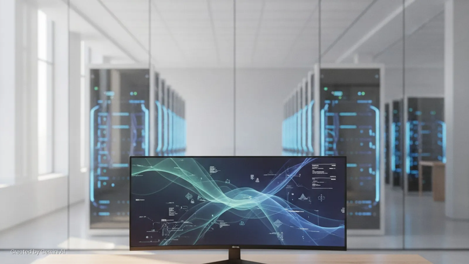 A curved ultrawide monitor on a light wooden desk displays abstract data visualizations, positioned in front of a brightly lit data center with rows of blue-glowing server racks visible through glass partitions, with natural light entering 