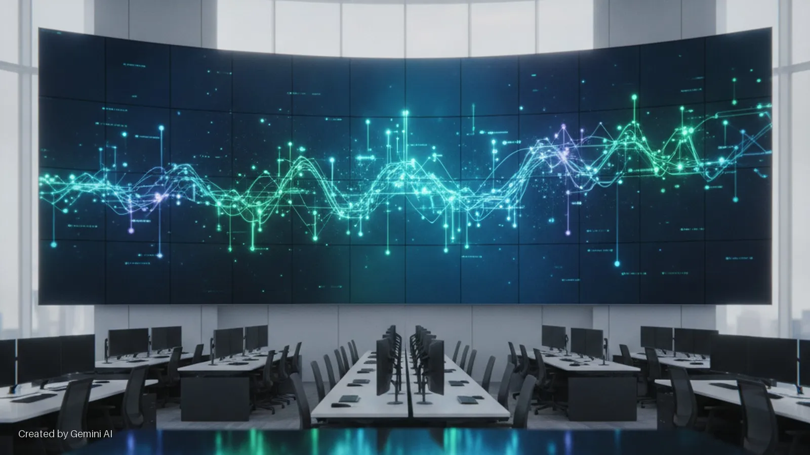 An empty, brightly lit control room features a large curved video wall displaying a glowing blue-green data visualization, with multiple rows of workstations equipped with computer monitors and chairs.