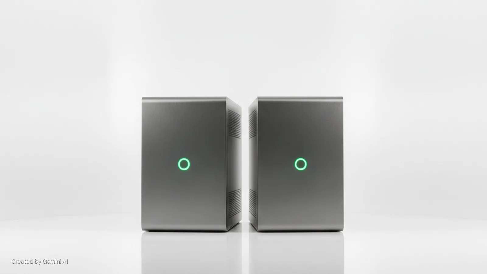 Two grey rectangular devices, each with a glowing green circular light, stand on a reflective white surface against a bright white background.