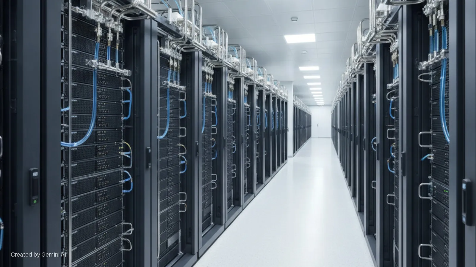 A brightly lit, long aisle in a modern data center is flanked by rows of dark server racks featuring blue liquid cooling tubes and overhead piping.