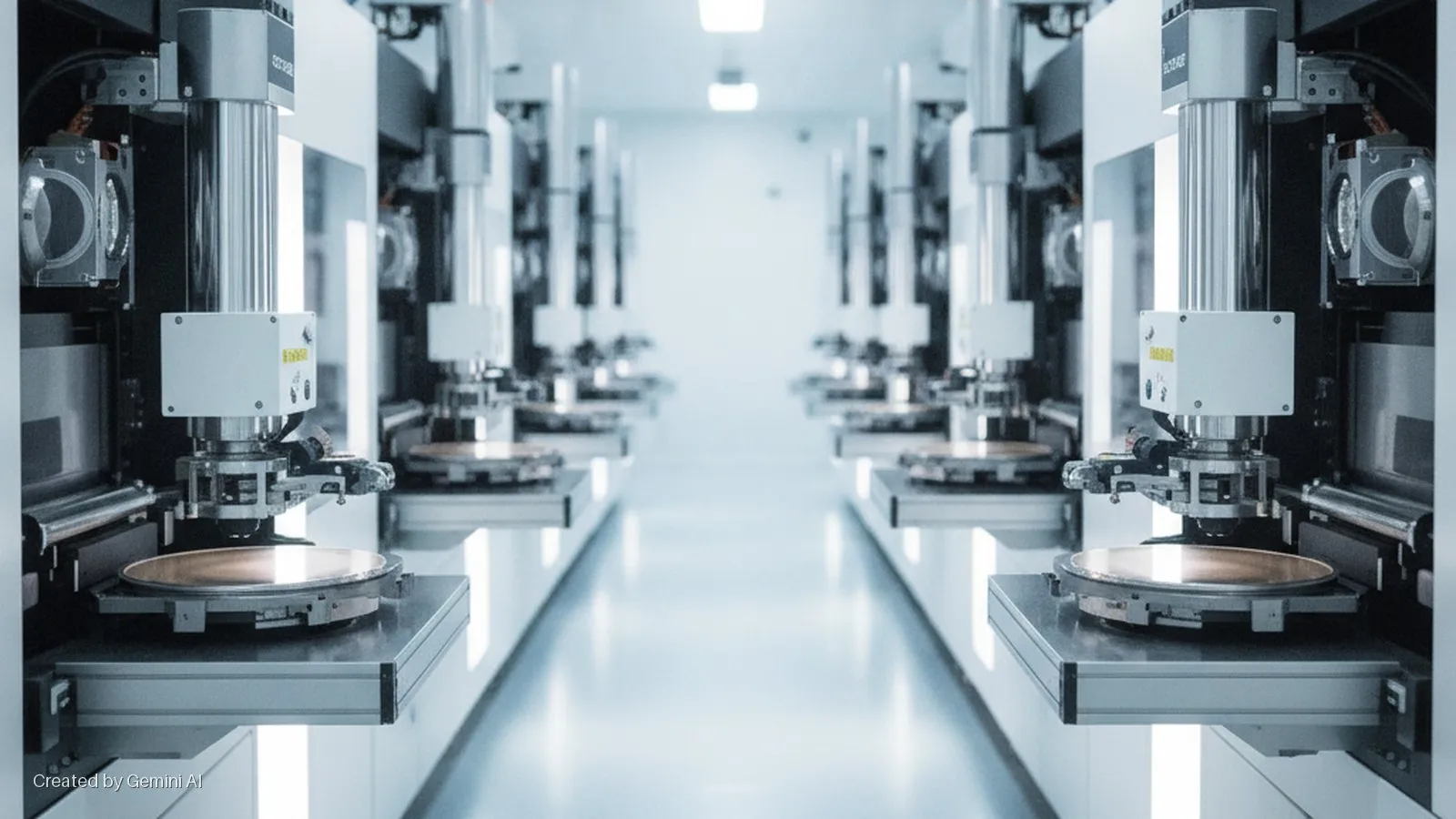 A brightly lit cleanroom hallway showcases rows of automated manufacturing machines, each holding a circular wafer on a platform.
