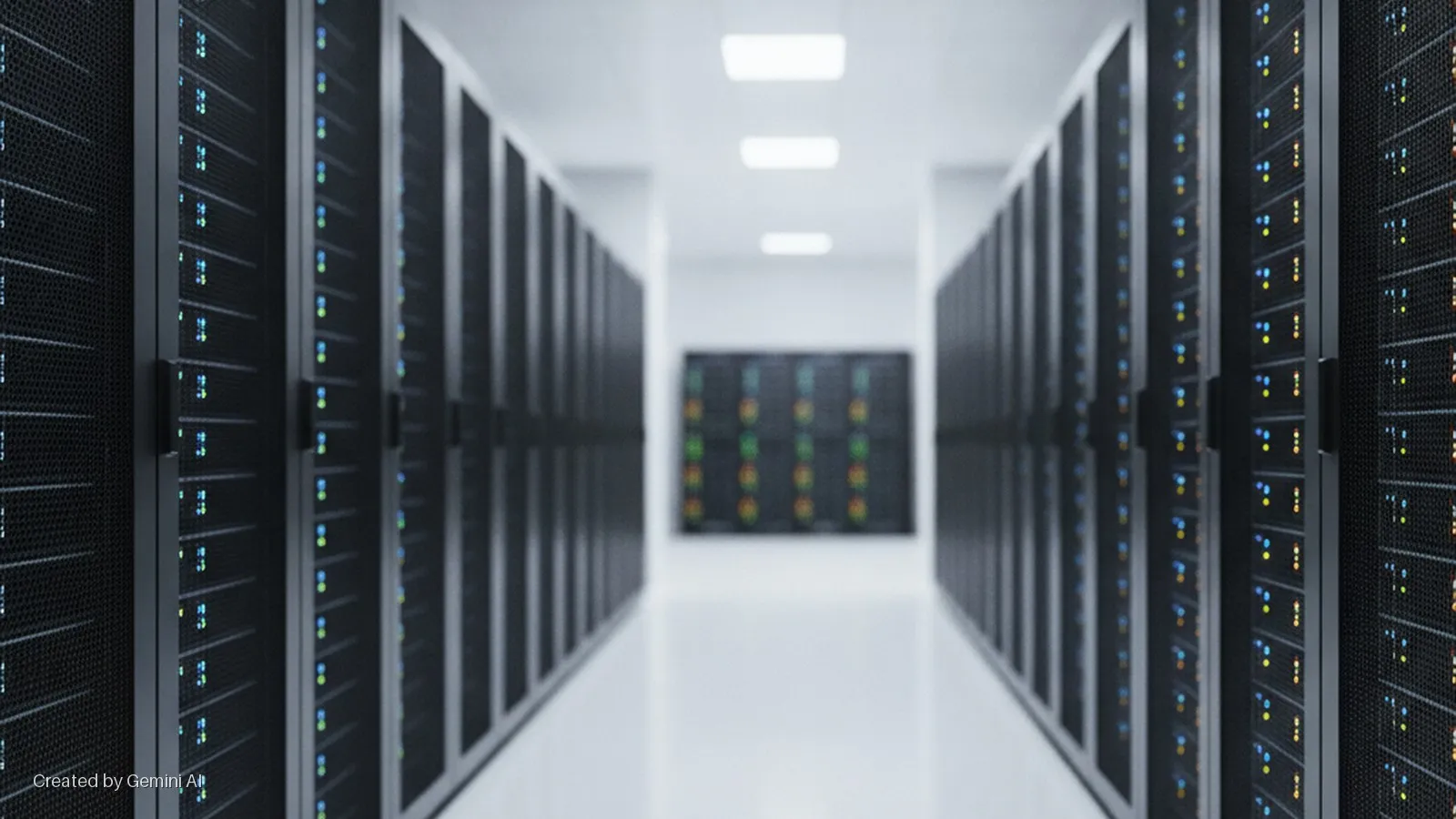 A brightly lit data center aisle features rows of dark server racks lining both sides, displaying numerous blinking blue, green, and yellow indicator lights.