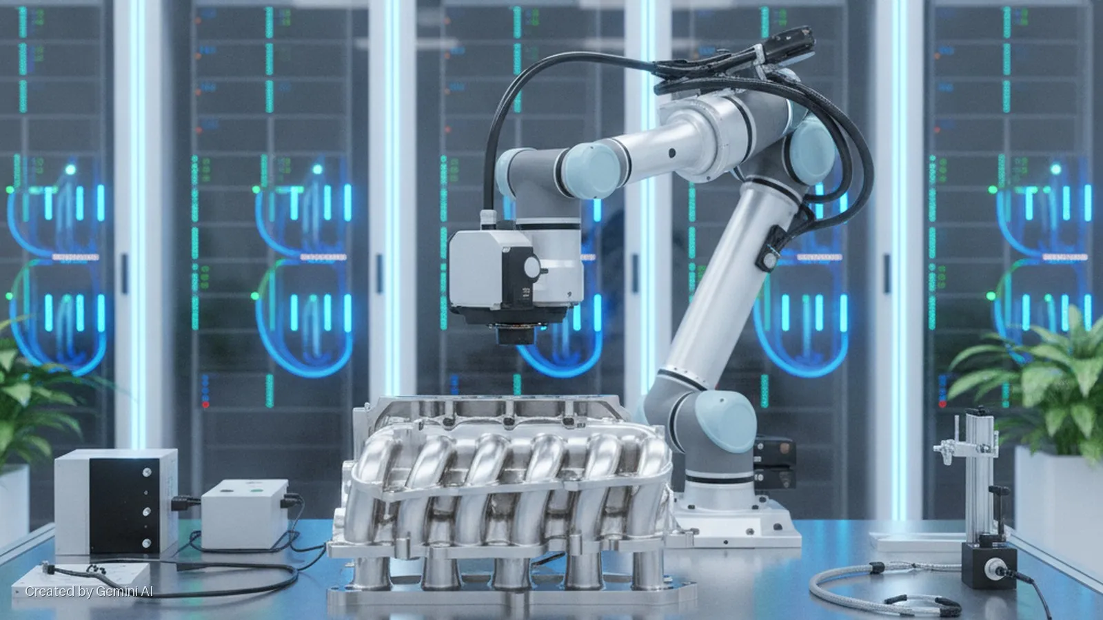 A robotic arm with a mounted camera inspects a polished metal engine intake manifold on a table, with glowing blue and green server racks visible in the brightly lit background.
