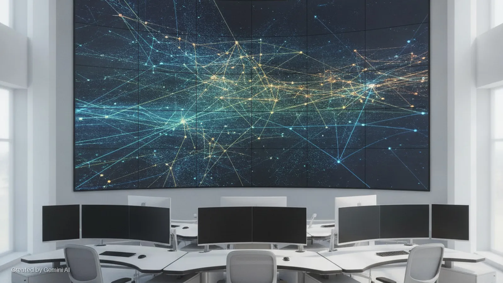 A modern control room features a large multi-panel video wall displaying a complex blue and yellow data network graphic, with several white workstations equipped with multiple computer monitors and chairs, under bright ambient lighting.