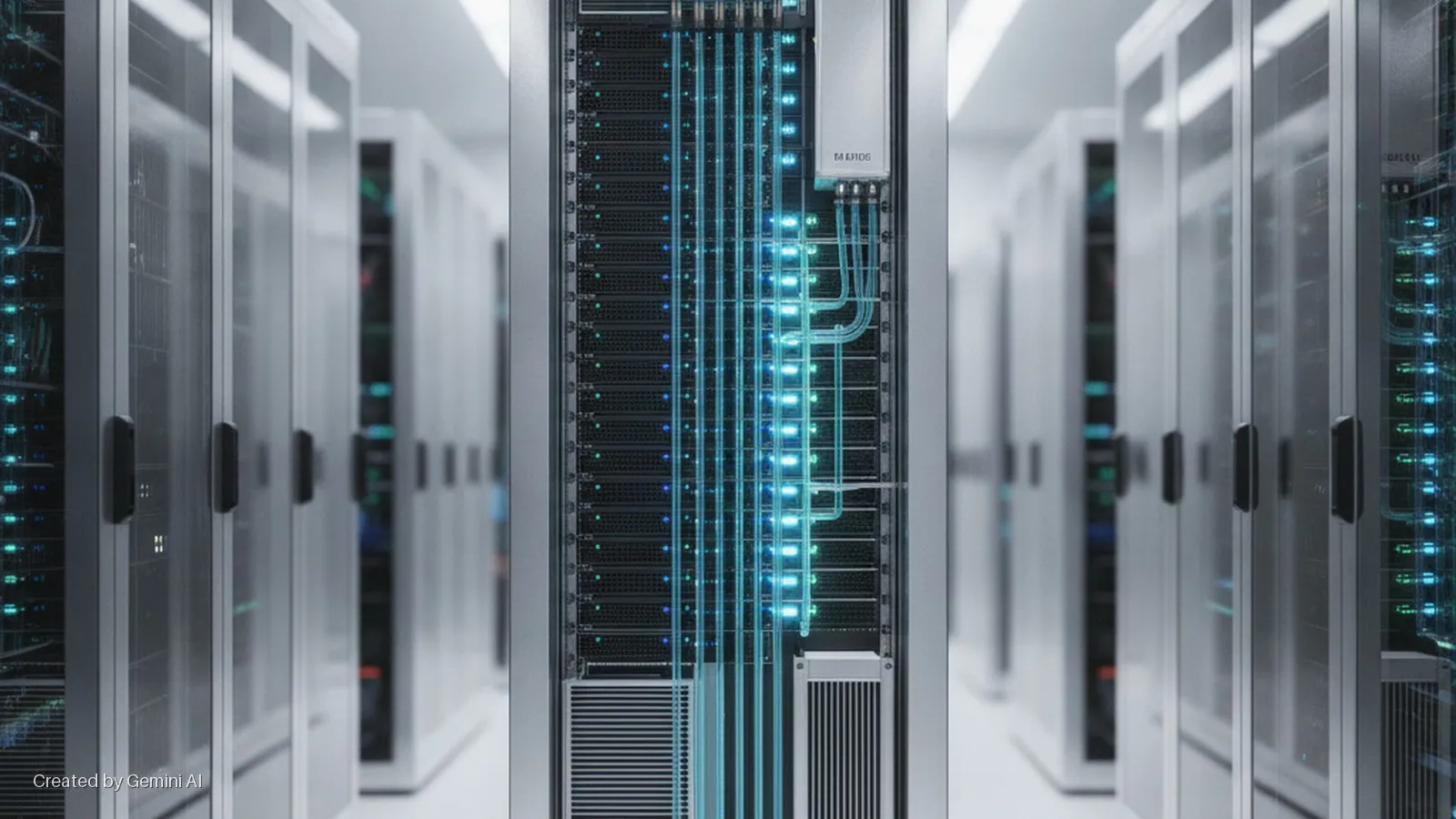 A brightly lit data center aisle features a central server rack with numerous glowing blue cables and internal components, flanked by rows of other server racks extending into the distance.