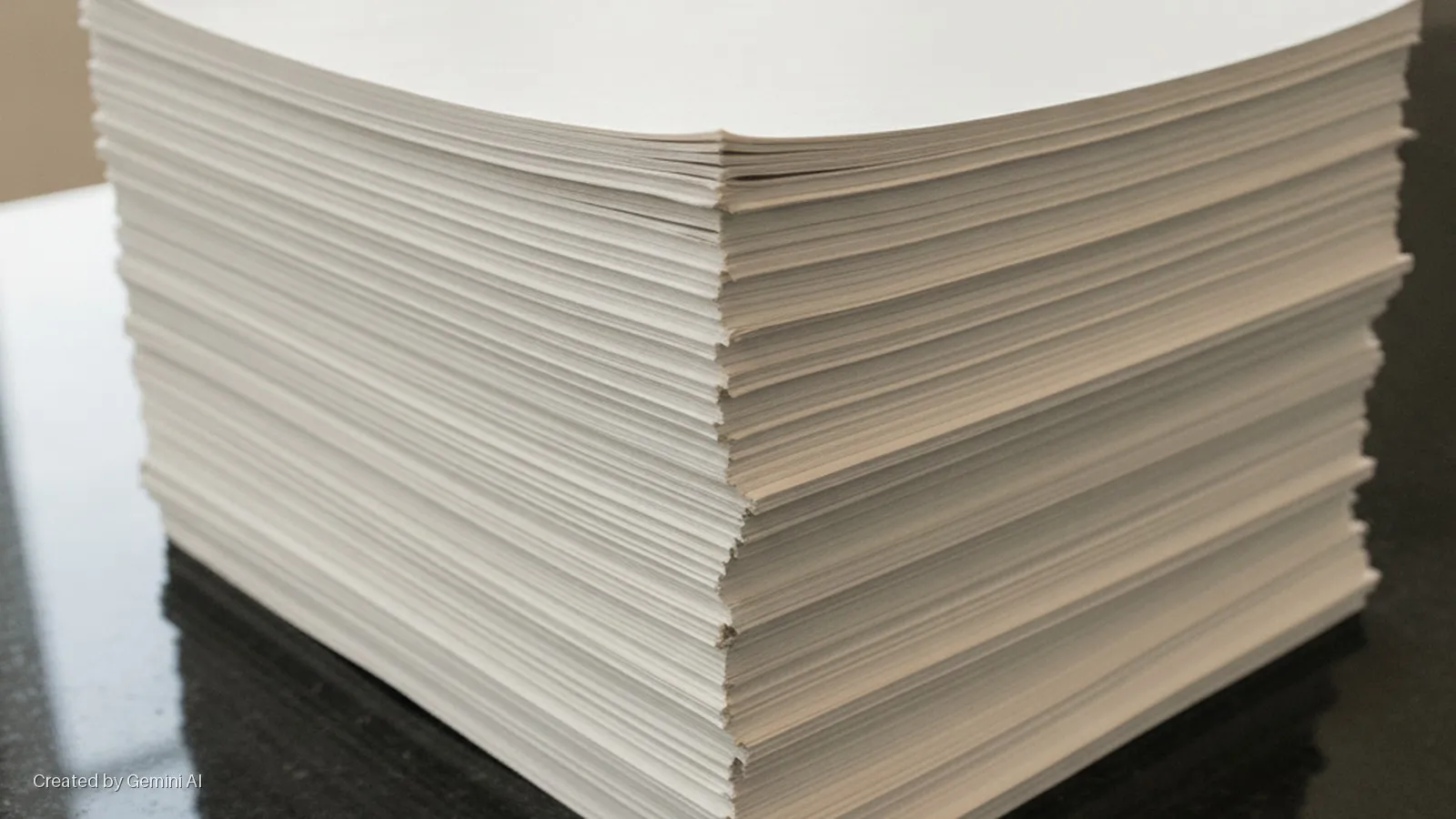 A tall, slightly uneven stack of white paper sits on a dark, reflective surface under bright, even lighting.
