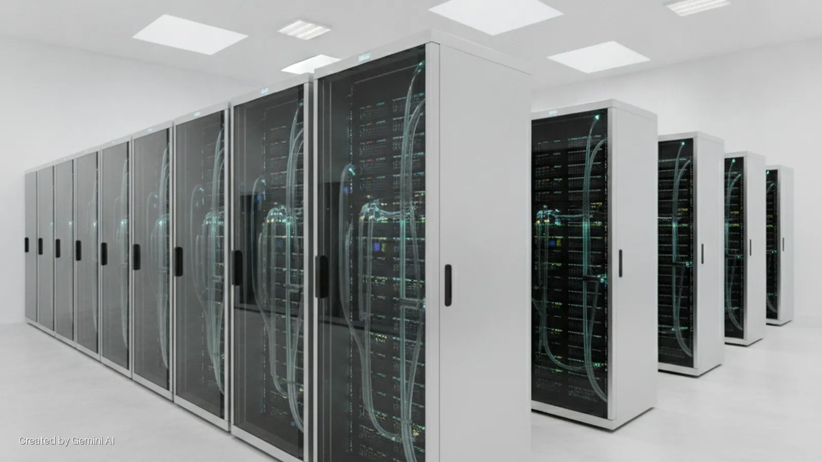 White server racks with transparent doors displaying glowing servers and cables line a brightly lit data center.