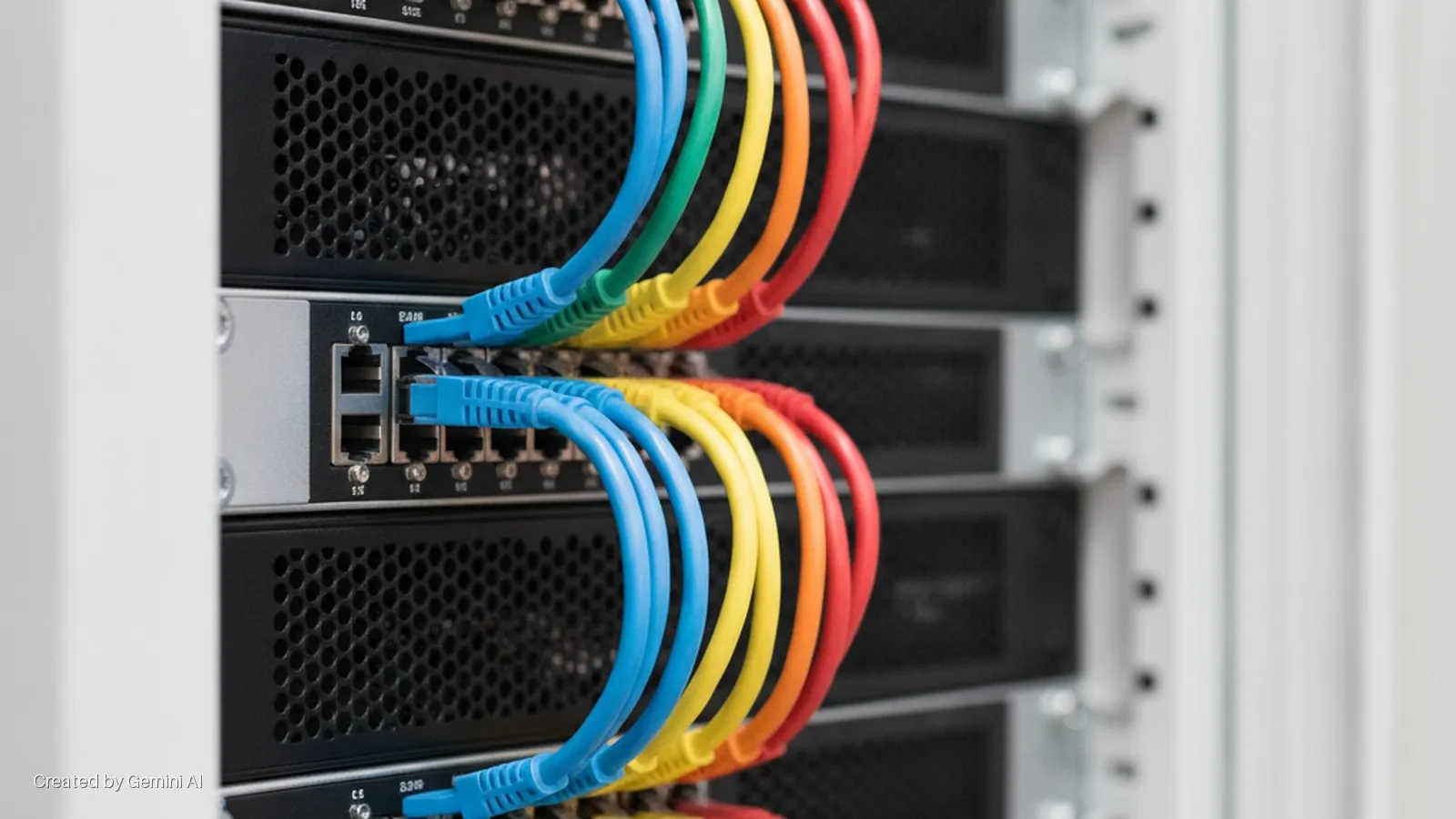 Network switches in a server rack with connected blue, green, yellow, orange, and red Ethernet cables, under bright indoor lighting.