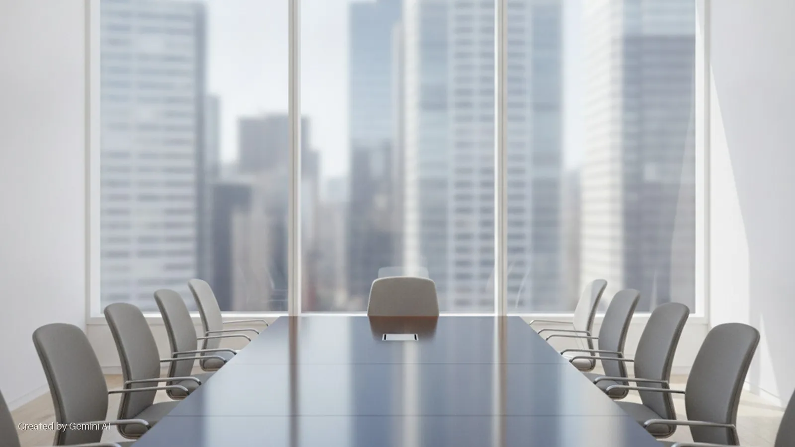 A brightly lit modern conference room features a long dark table surrounded by grey chairs, with a blurred city skyline visible through a large window.