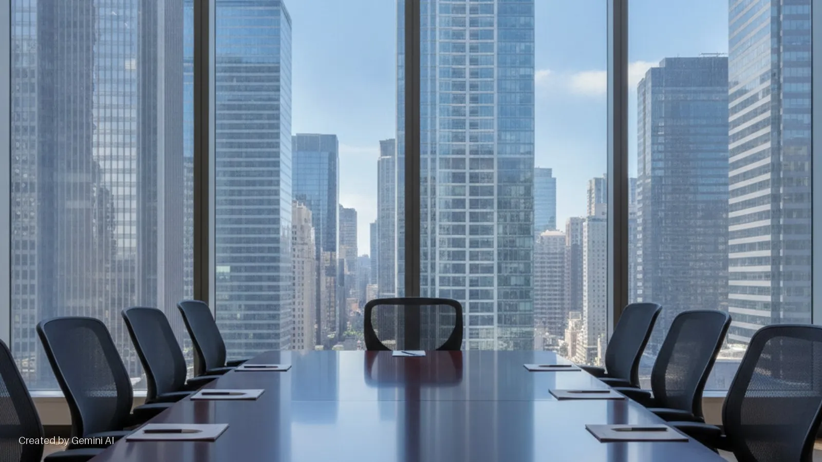 A high-rise conference room features a long dark table with eight black mesh chairs and notepads, offering a bright daylight view of a city skyline with numerous skyscrapers.