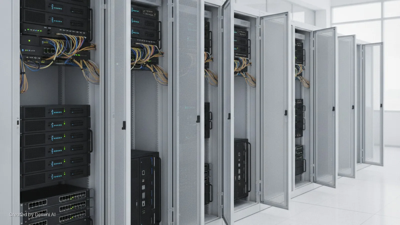 A brightly lit data center with a long row of open server racks displaying networking equipment, servers, and colorful cables.
