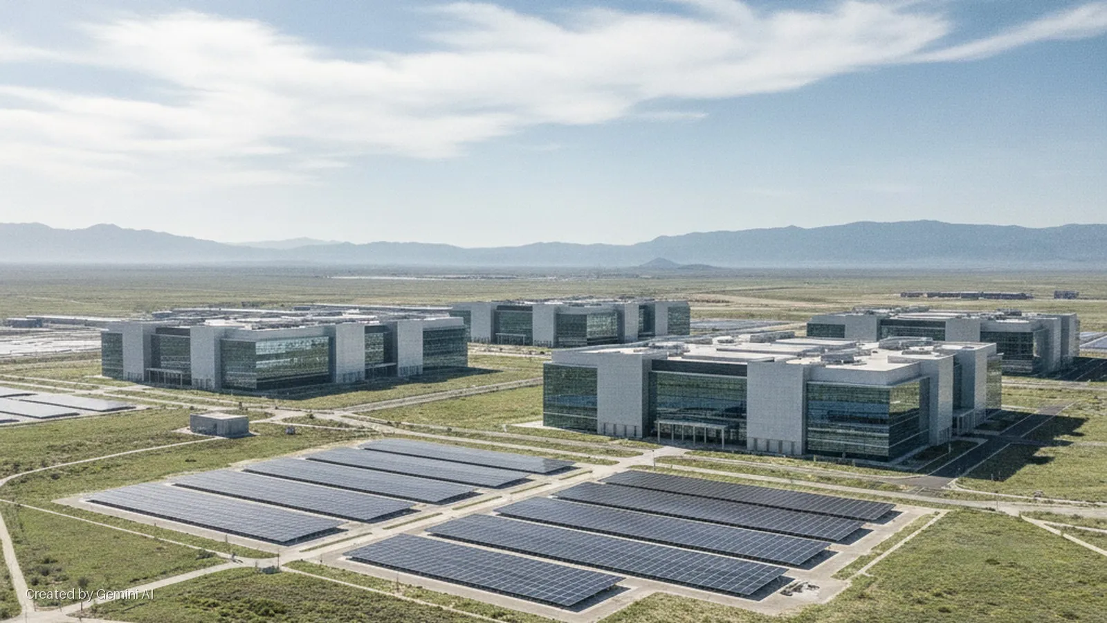 Several modern glass and concrete office buildings and multiple ground-mounted solar panel arrays are arranged across a vast grassy plain with distant mountains under a partly cloudy sky.
