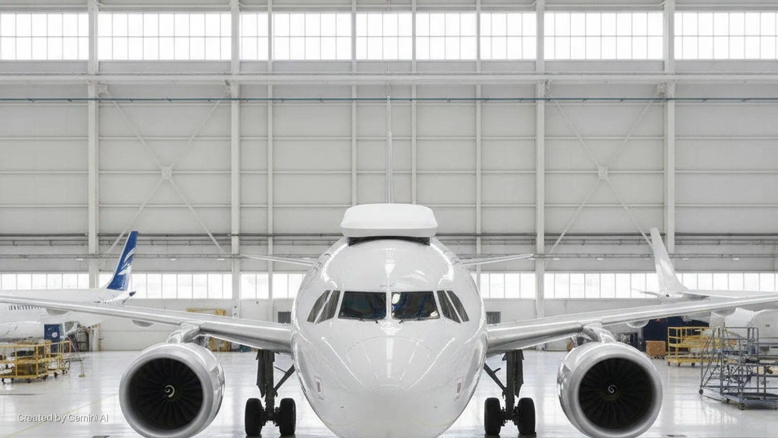 A white jet aircraft with a roof-mounted radome is brightly lit and viewed head-on inside a large hangar featuring structural beams and high windows, with parts of other aircraft visible in the background.