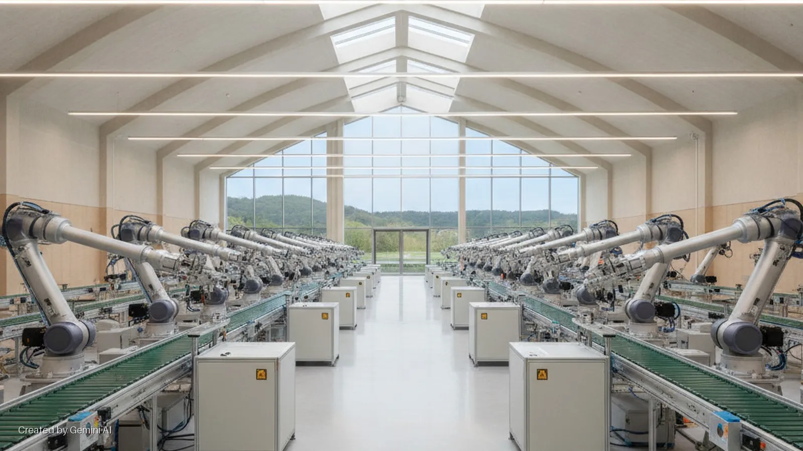 A bright, modern industrial hall features two parallel lines of robotic arms above conveyor belts and control cabinets, with natural light from large end windows revealing a green landscape and overhead skylights.