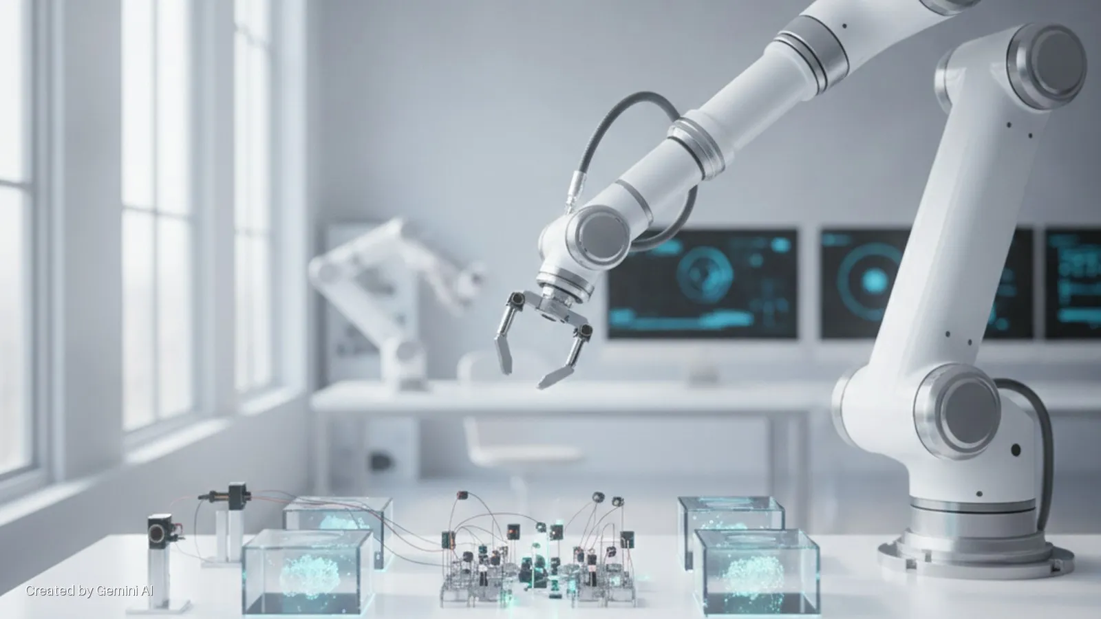 A white robotic arm extends over electronic components and illuminated transparent cubes on a laboratory table, with bright windows and data-displaying monitors in the background.