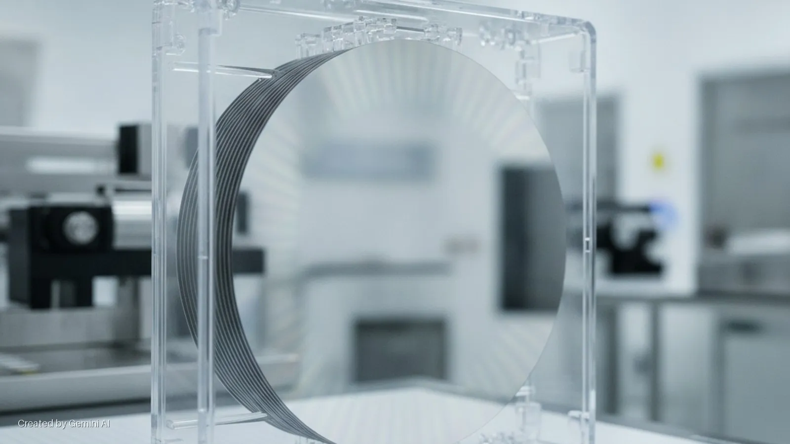 A stack of silicon wafers is held vertically in a clear plastic cassette within a brightly lit laboratory or cleanroom environment.