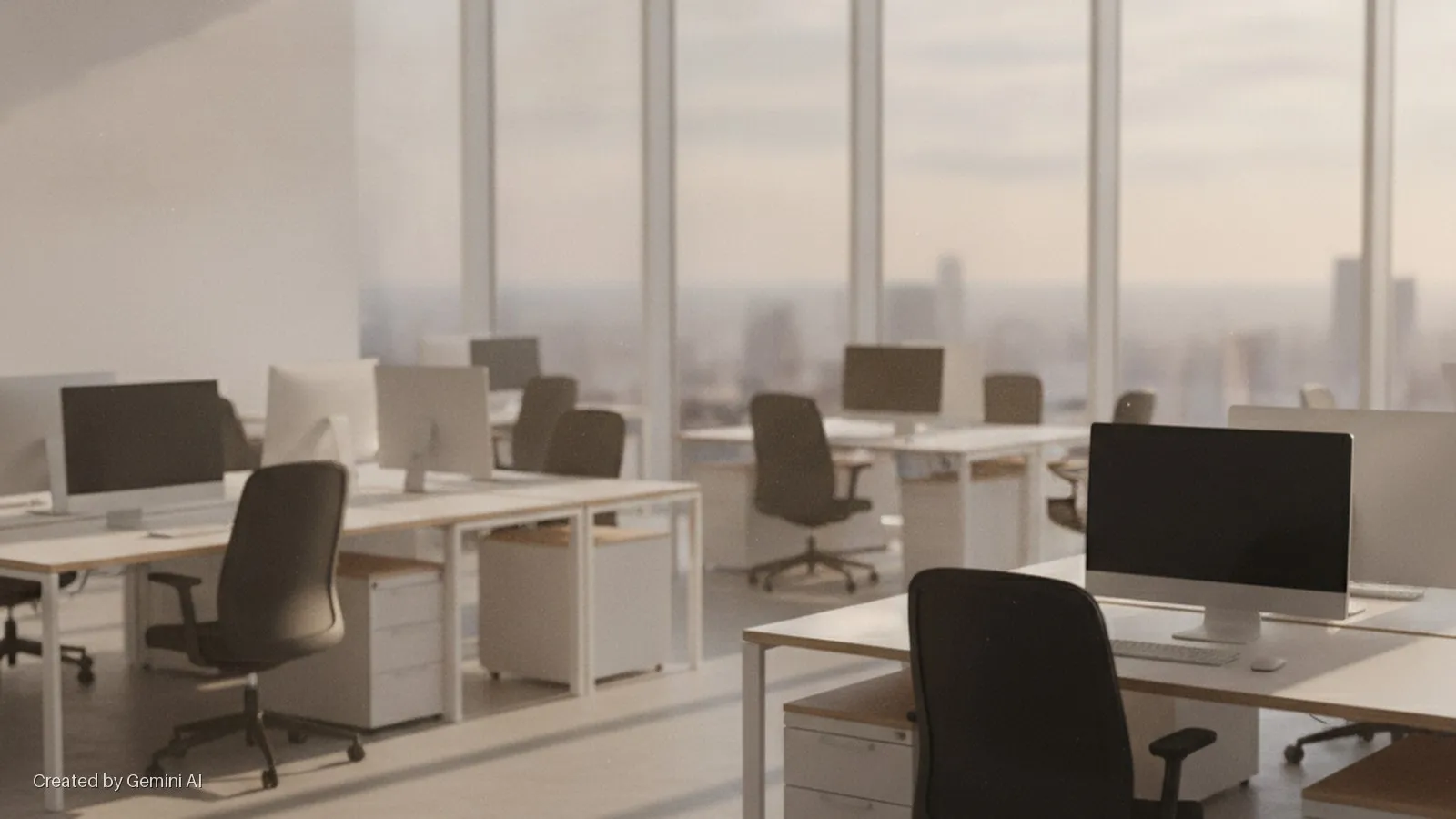 An empty, modern office features rows of white desks, computers, black office chairs, and filing cabinets, brightly illuminated by natural light from large windows overlooking a city skyline.