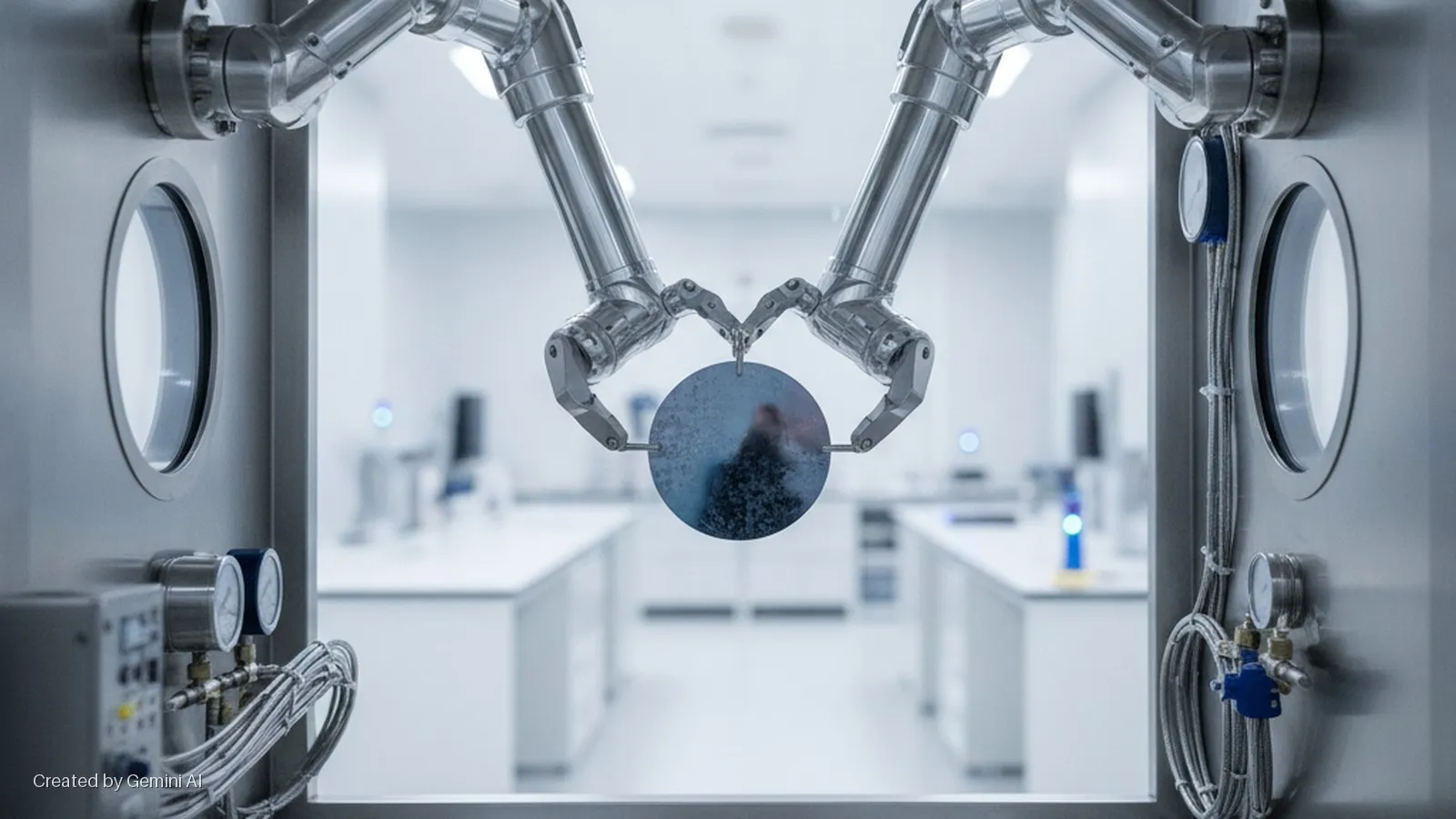 Two metallic robotic arms hold a patterned circular wafer, framed by industrial equipment with gages and cables, looking into a brightly lit, sterile laboratory.