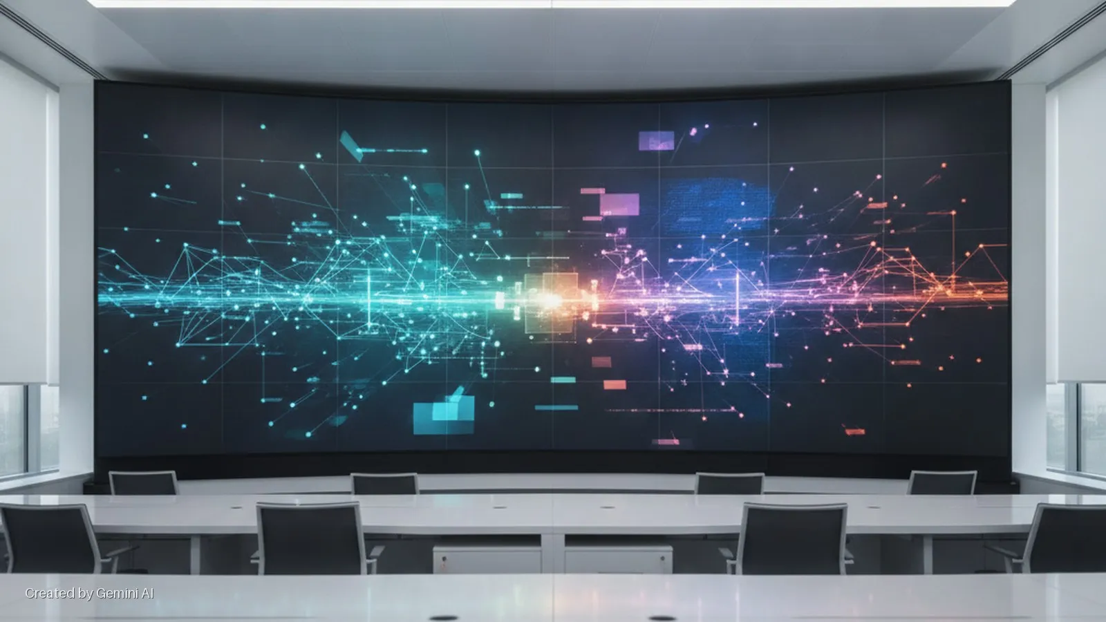 A brightly lit, modern conference room features a long white conference table and black chairs facing a large, curved screen displaying a colorful network data visualization.