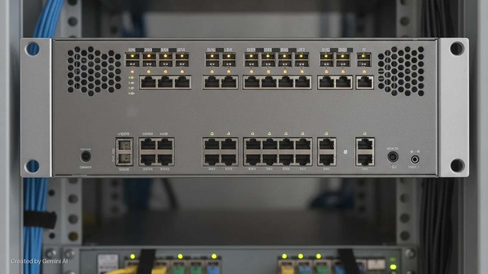 A grey network switch with numerous active Ethernet and SFP ports displays glowing yellow and green status LEDs while mounted in a server rack with visible blue cabling.