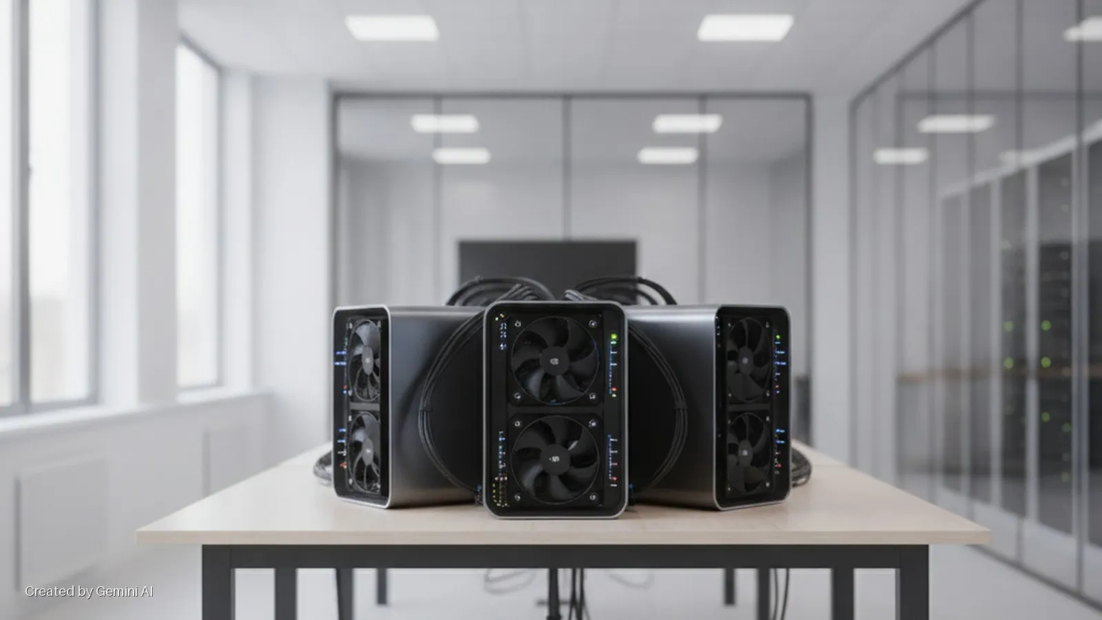 Five black computing units with visible fans and indicator lights are arranged in a slight curve on a light wooden table within a brightly lit office, featuring large windows and server racks visible through glass partitions.