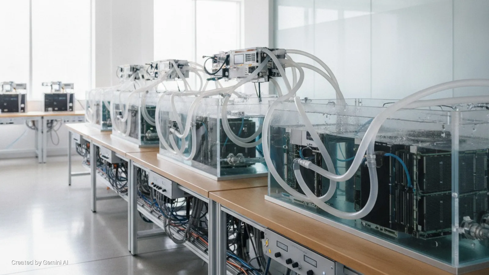 A brightly lit lab features rows of liquid-cooled computer servers submerged in clear tanks on wooden desks, connected by extensive tubing and wiring.