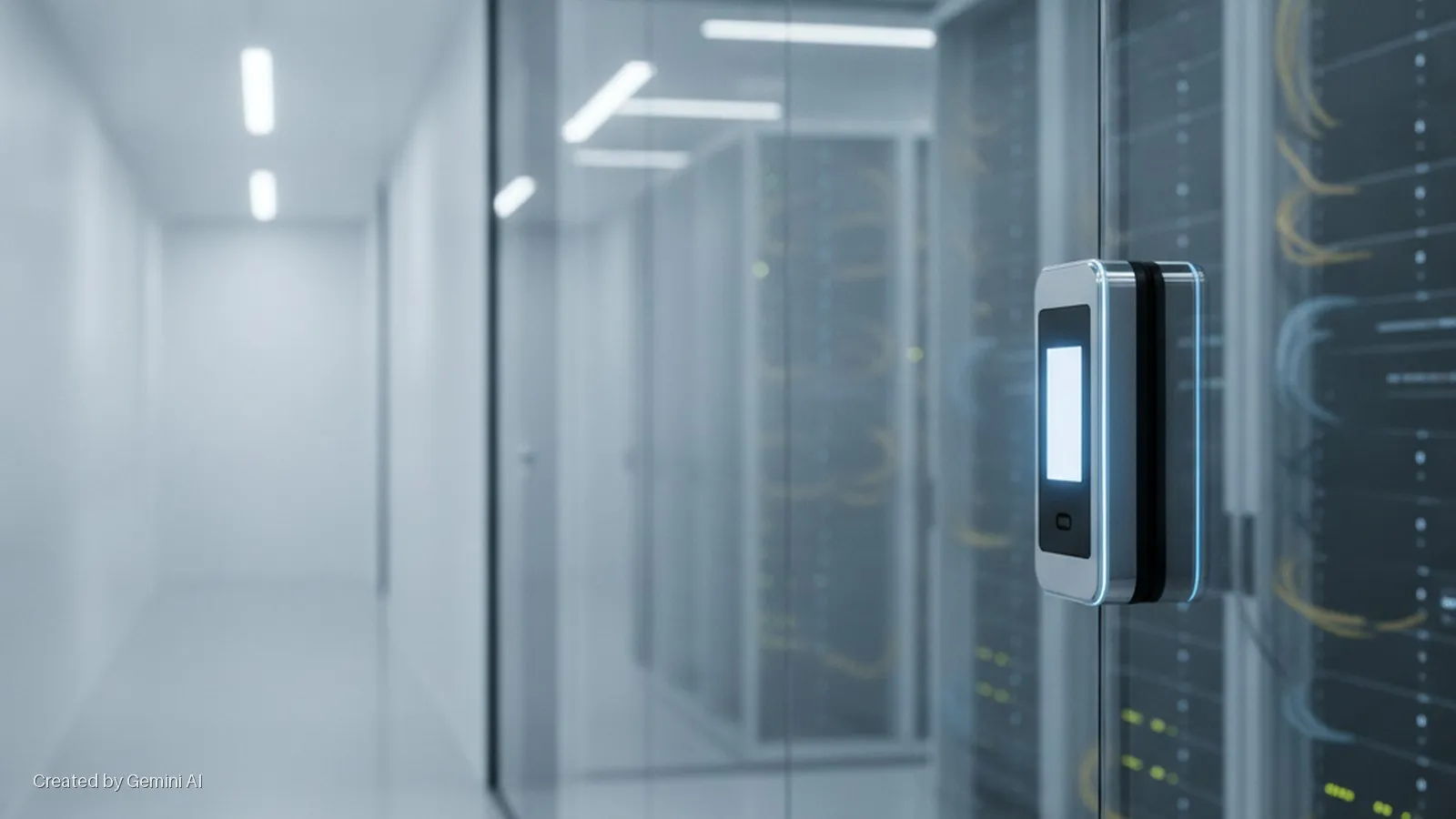 A glowing electronic access control device on a glass partition separates a bright, empty hallway from a server room filled with racks and yellow cables.
