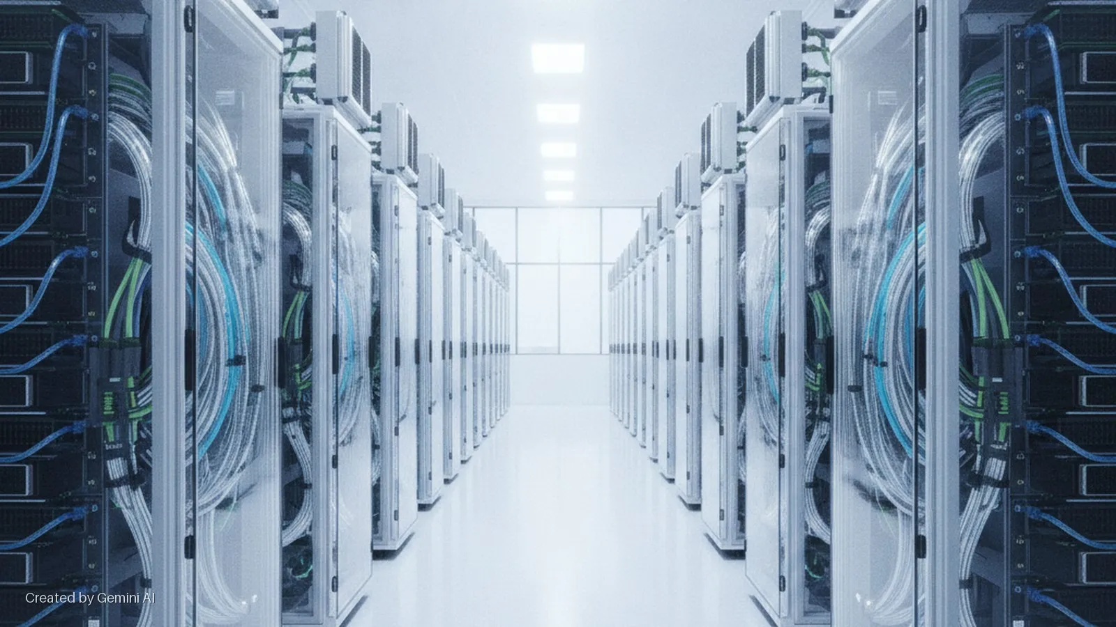 Brightly lit data center aisle featuring long rows of server racks with visible blue, green, and white cables behind clear doors, leading to windows at the far end.