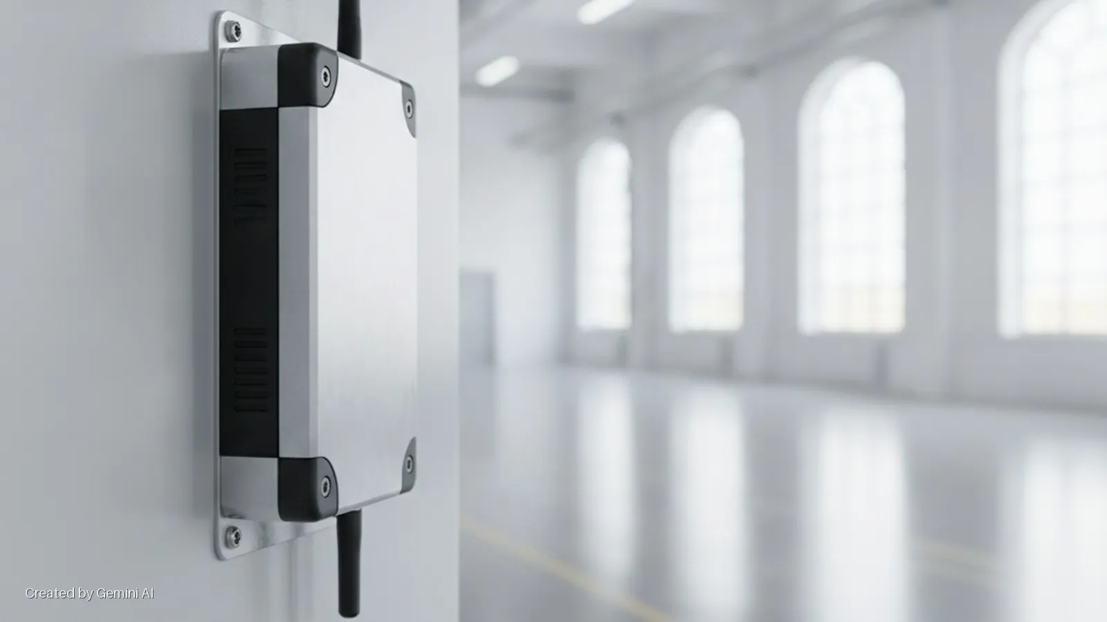 A silver-colored industrial device with black vented sides and two antennas is wall-mounted in a bright, empty white room featuring arched windows and a reflective floor.