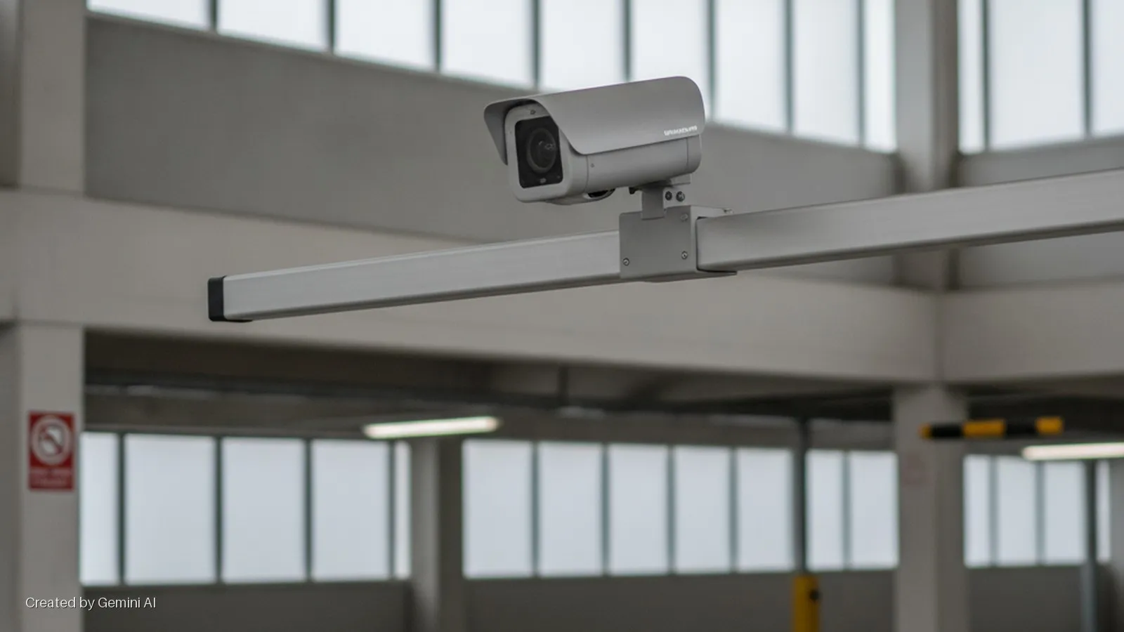 A grey surveillance camera, mounted on a horizontal bar, is positioned in a bright indoor parking garage with large windows, concrete pillars, a "no smoking" sign, and a yellow-striped barrier.