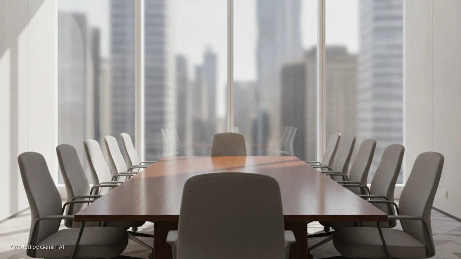 A sunlit conference room with a long wooden table surrounded by grey chairs, facing large windows that offer a blurred view of a city skyline.