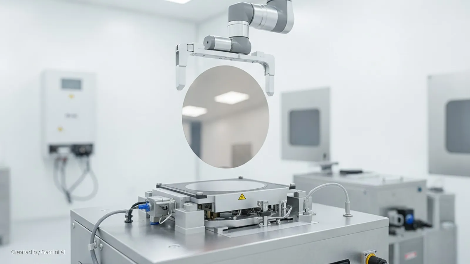 A robotic arm precisely positions a large, reflective semiconductor wafer over a processing machine in a brightly lit cleanroom.