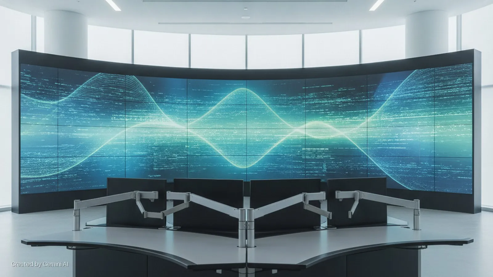 A modern control room features a large curved video wall displaying abstract blue and green digital data and wavy patterns, with a curved console desk and multiple monitor arms in the foreground, illuminated by bright overhead lighting.