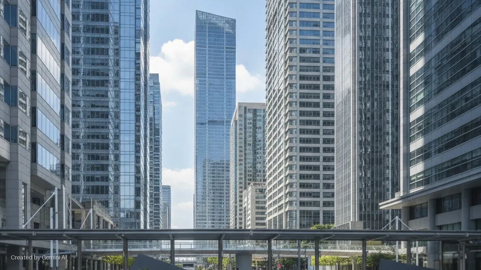 A modern urban scene with multiple tall skyscrapers of glass and concrete, and an elevated pedestrian bridge in the foreground, under bright daylight.