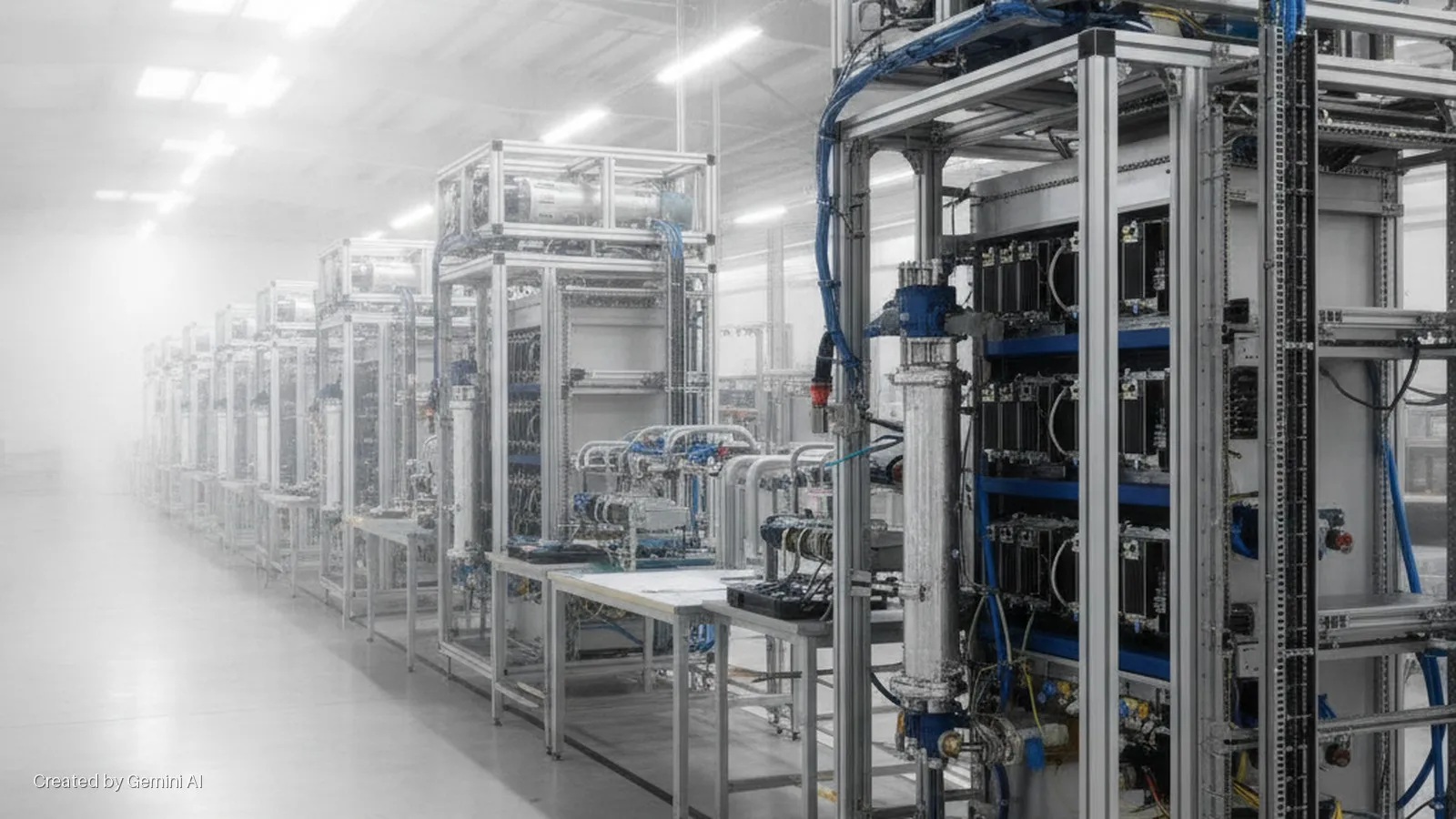 Rows of modular industrial equipment with tubing and wiring extend into the hazy distance of a brightly lit factory or testing facility.