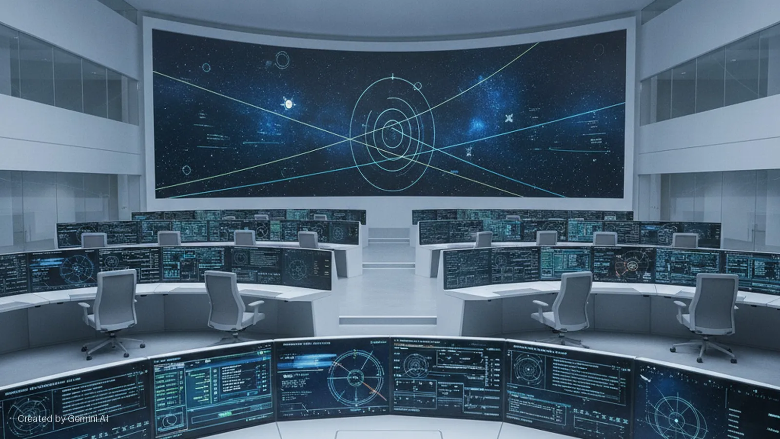 A brightly lit, modern control room features a large curved screen displaying a starry sky with orbital paths, surrounded by multiple rows of workstations equipped with numerous glowing monitors and swivel chairs.