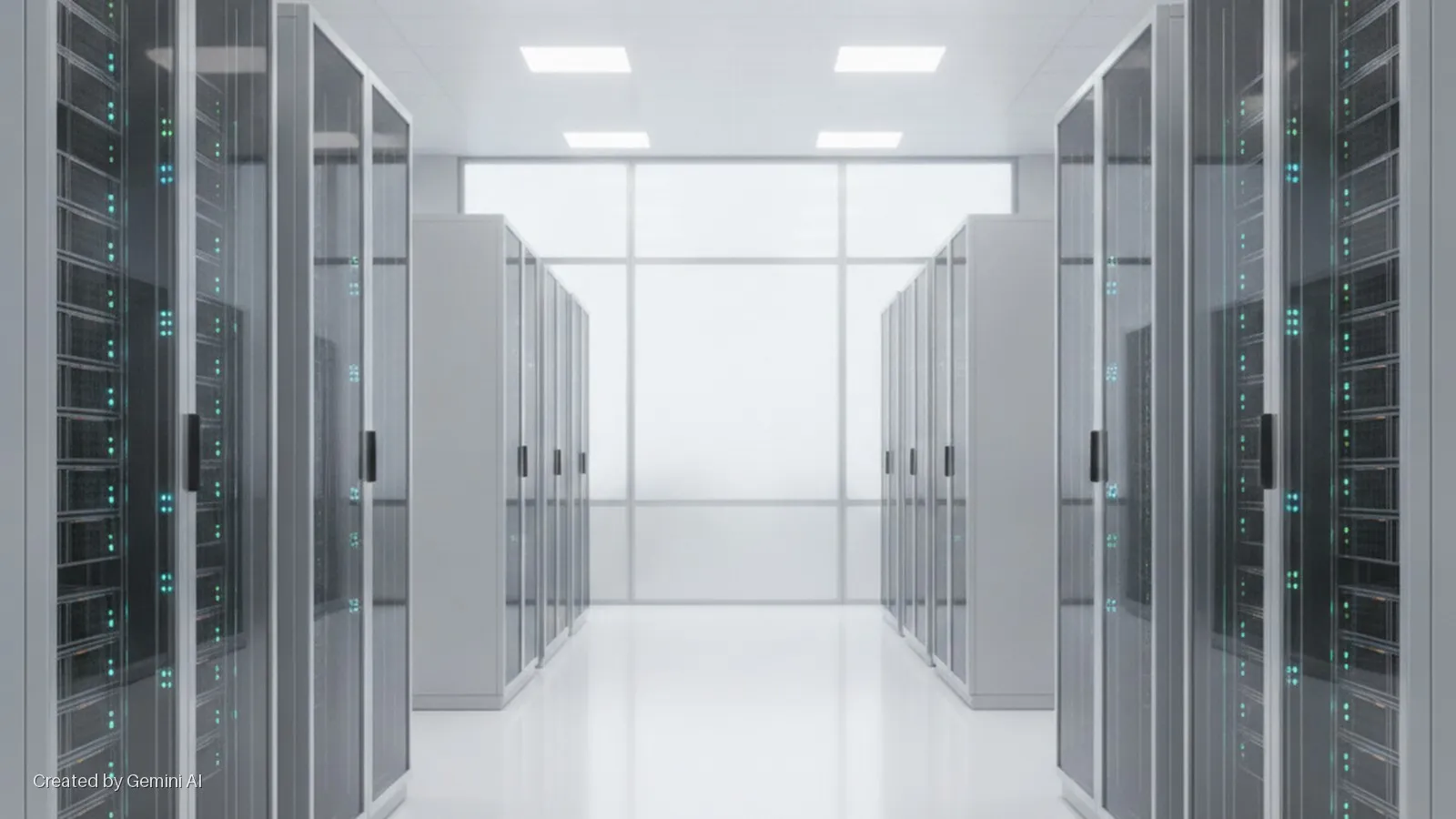 A clean, brightly lit server room features rows of grey server racks with glass doors and blinking blue lights, extending down a white aisle towards a wall of large windows.
