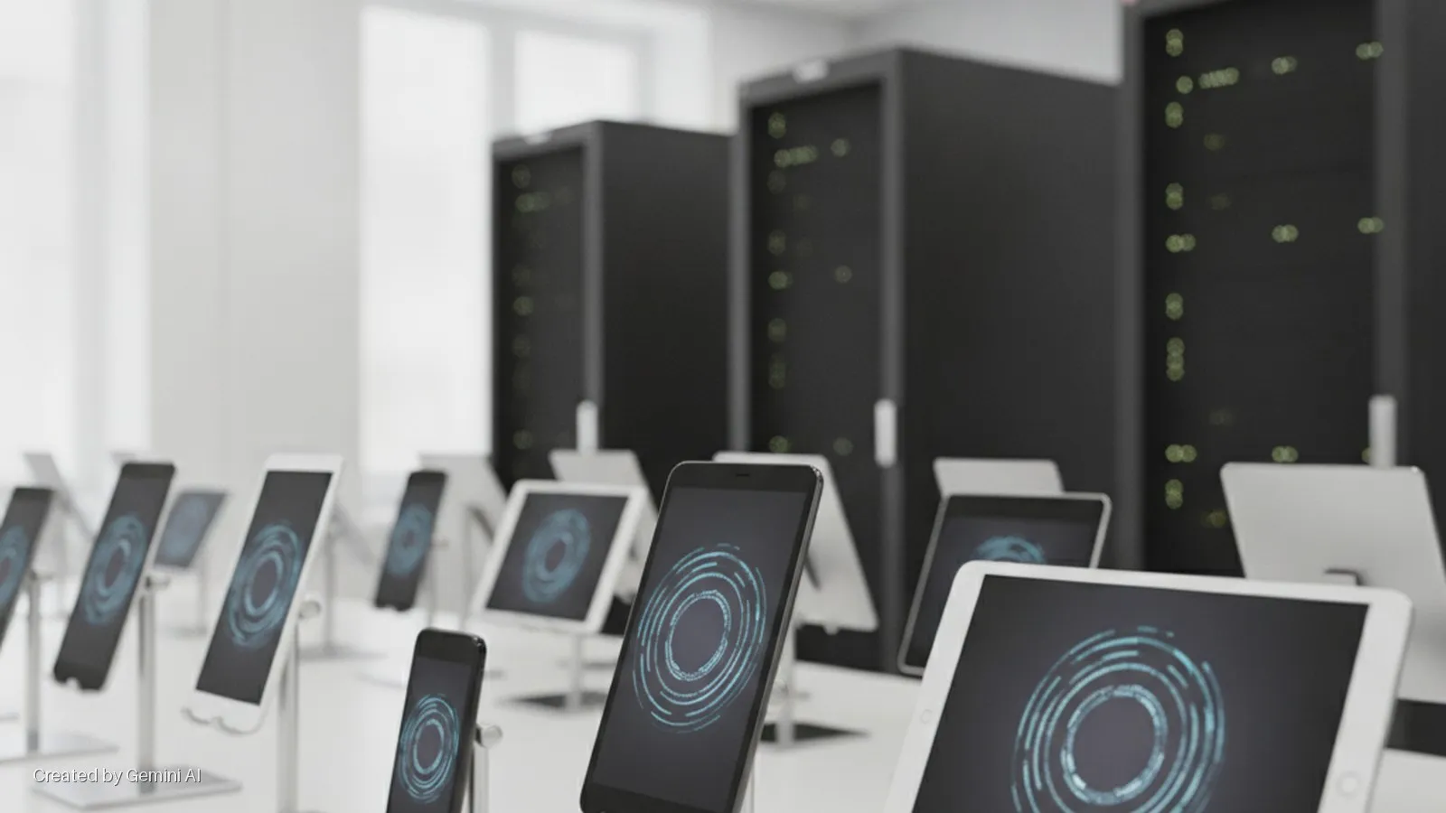 A bright data center or tech lab features a display of smartphones and tablets on stands showing blue circular patterns, with black server racks exhibiting green indicator lights in the background.