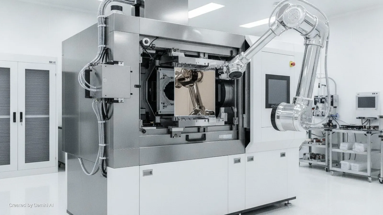 A large, silver industrial machine with a polished, articulated robotic arm and a reflective square panel operates in a brightly lit clean room, flanked by white cabinets and rolling laboratory carts with monitors.