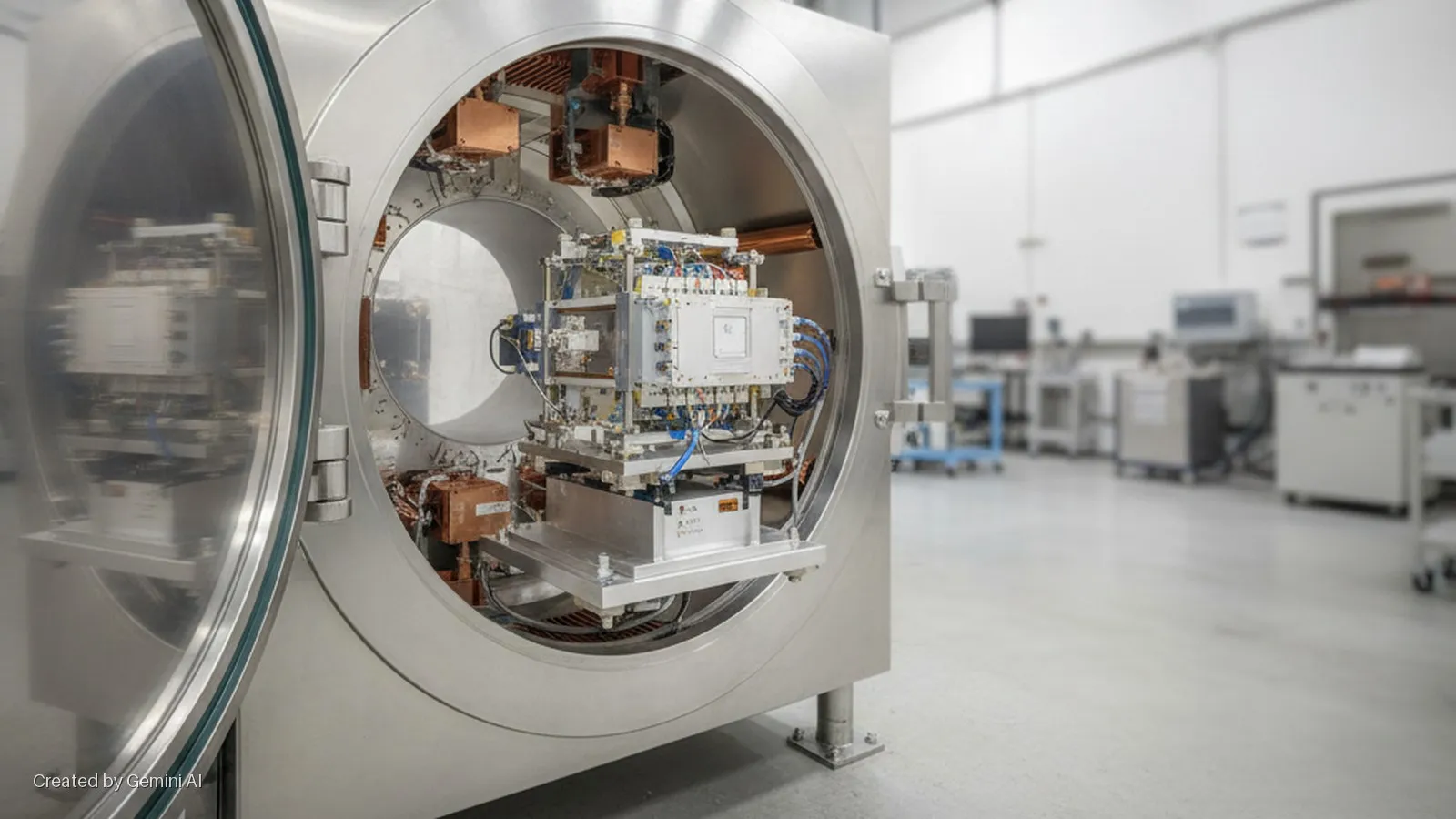 An open, large, round stainless steel test chamber with its door ajar, containing a mounted assembly of electronic modules, wires, and copper components, is situated in a brightly lit laboratory with blurred scientific instruments in the ba