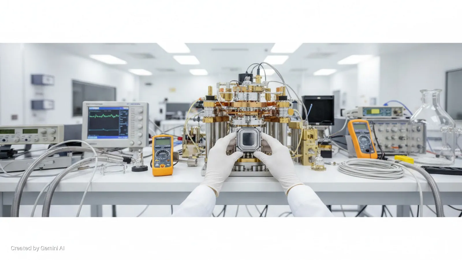 Gloved hands hold a square component into a complex gold and silver scientific apparatus on a white lab bench, surrounded by various electronic measurement devices and cables in a brightly lit cleanroom.