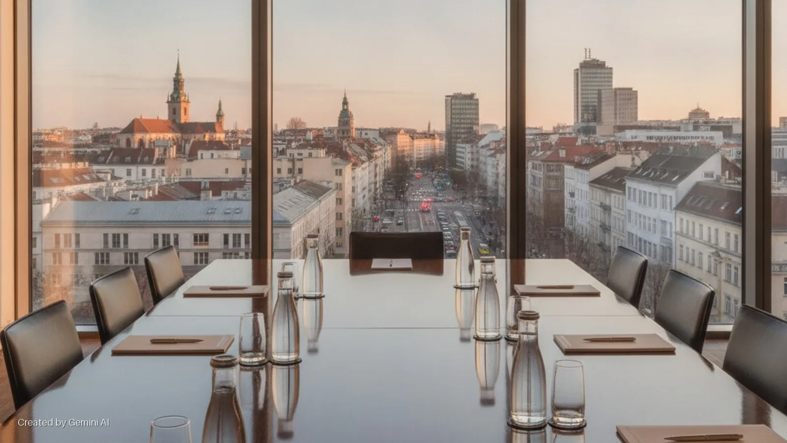 A conference room with a long, polished table set with water bottles, glasses, and notebooks, offering a panoramic window view of an urban skyline featuring a prominent church spire, traditional buildings, a busy street, and distant skyscra