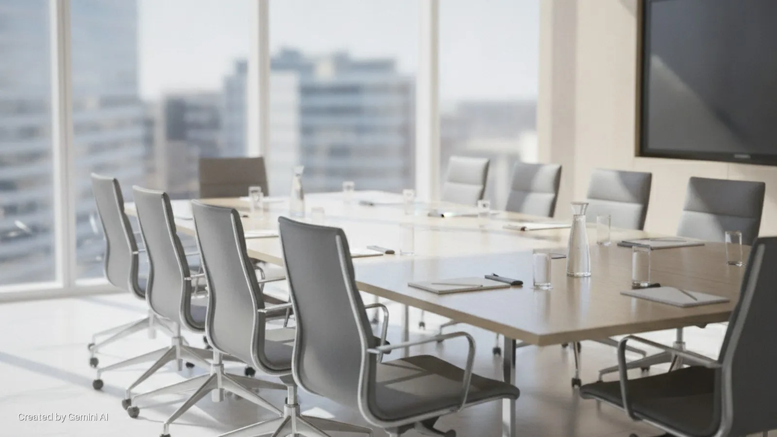 A bright, naturally lit conference room features a long wooden table set with water bottles, glasses, and notebooks, surrounded by grey ergonomic office chairs, with large windows overlooking a city view and a wall-mounted screen.