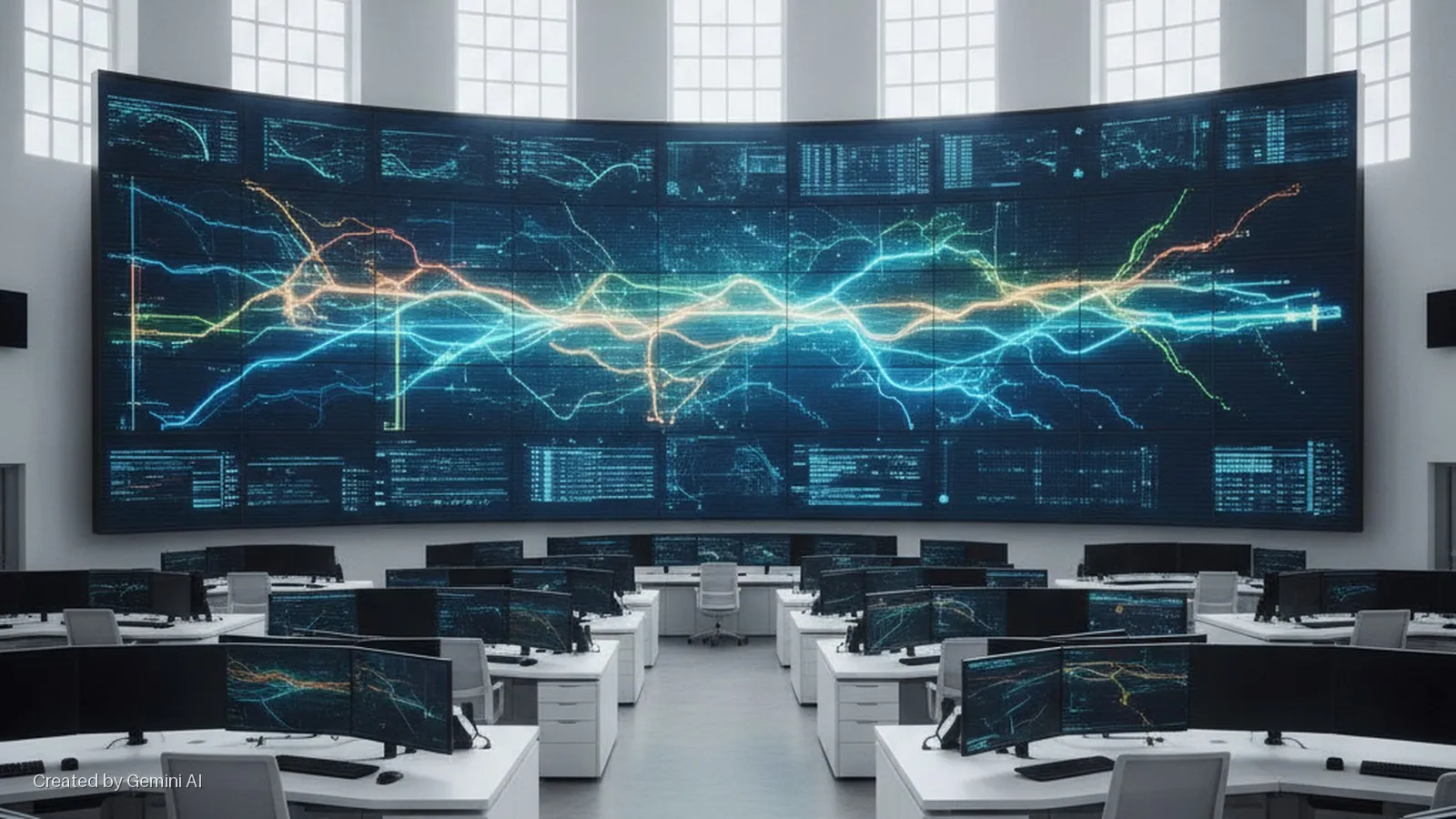 A brightly lit control room with tall windows, featuring a large curved display showing glowing abstract data visualizations above multiple rows of desks equipped with computer monitors and chairs.