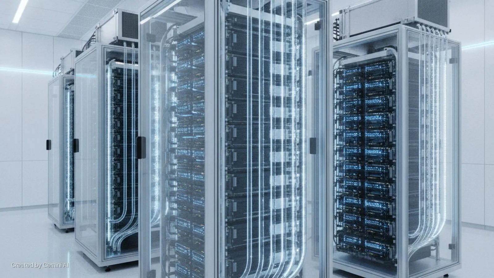 A bright, clean data center features multiple clear-paneled server racks, displaying blue-lit servers and glowing white vertical tubes, with overhead lighting.